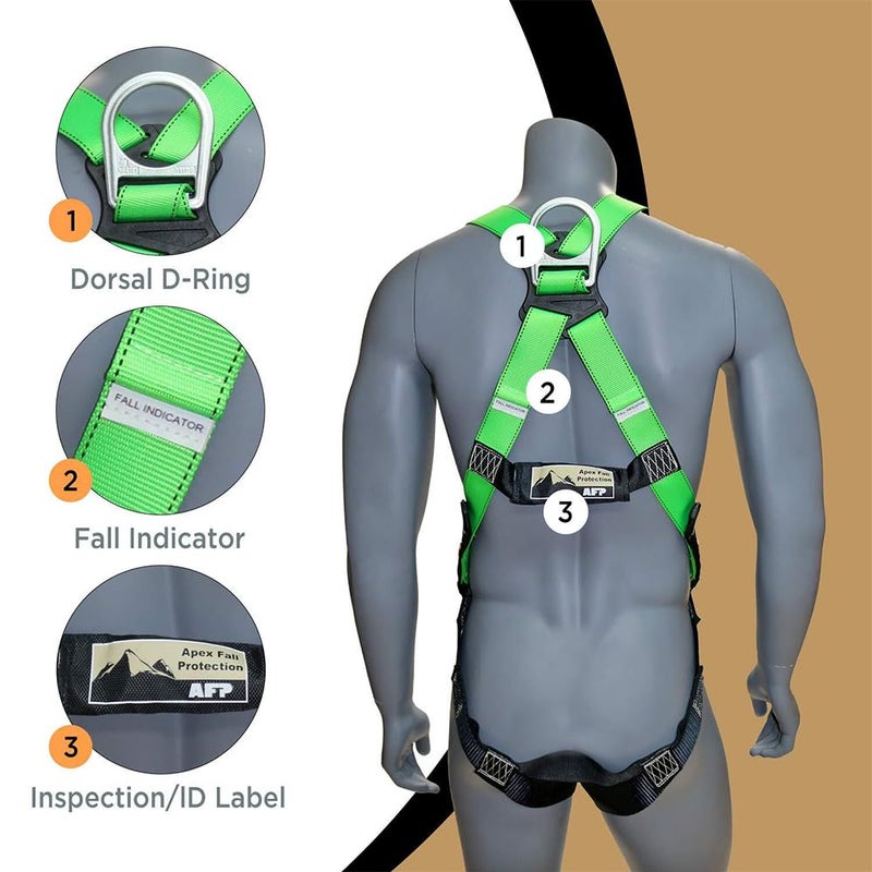 AFP Universal Full-Body Fall Protection Safety Harness with Dorsal D-Ring and Tongue Buckle Legs | Roofer, Construction, Scaffolding PPE | High-Visibility Green [OSHA/ANSI Compliant] (1 Pack, Harness) - Image 5
